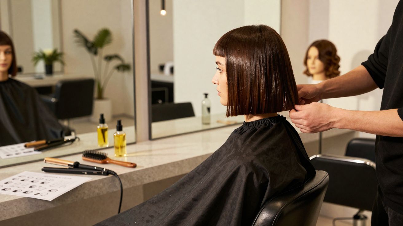 Mulher com cabelo curto e liso sentada no cabeleireiro, a ser preparada para corte.