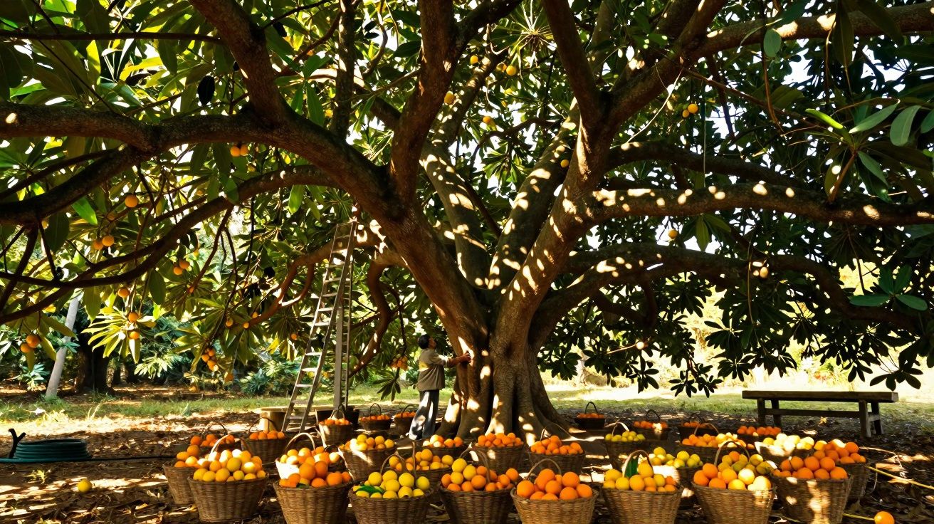 Árvore frondosa com cestos cheios de frutos variados e pessoa a apanhar frutas ao fundo.