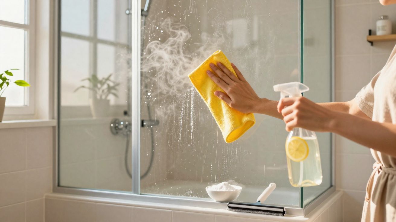 Pessoa a limpar uma mampara de vidro de duche com um pano amarelo e spray de limpeza.