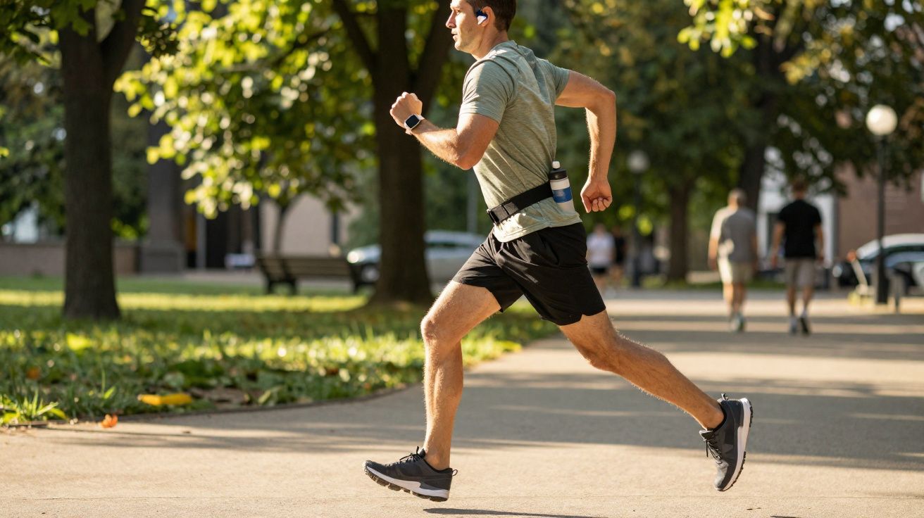 Homem a correr num parque urbano com roupa desportiva, fones e garrafa de água na cintura.