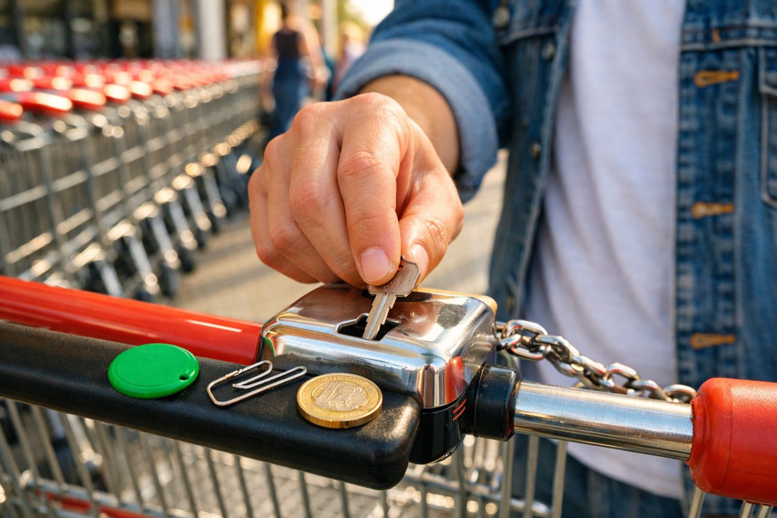 Mão a inserir uma moeda num carrinho de compras para libertar a corrente num supermercado.