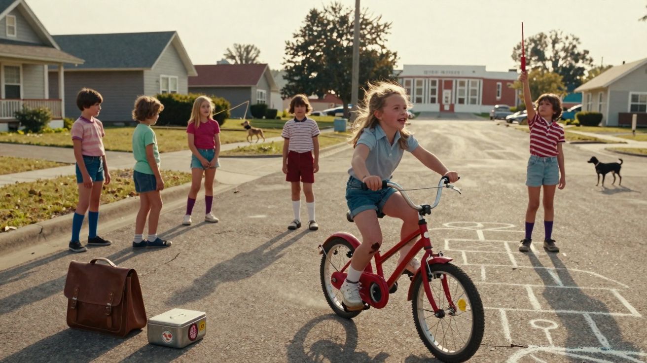 Criança a andar de bicicleta vermelha enquanto outras crianças observam numa rua com casas e jogo de amarelinha marcada.