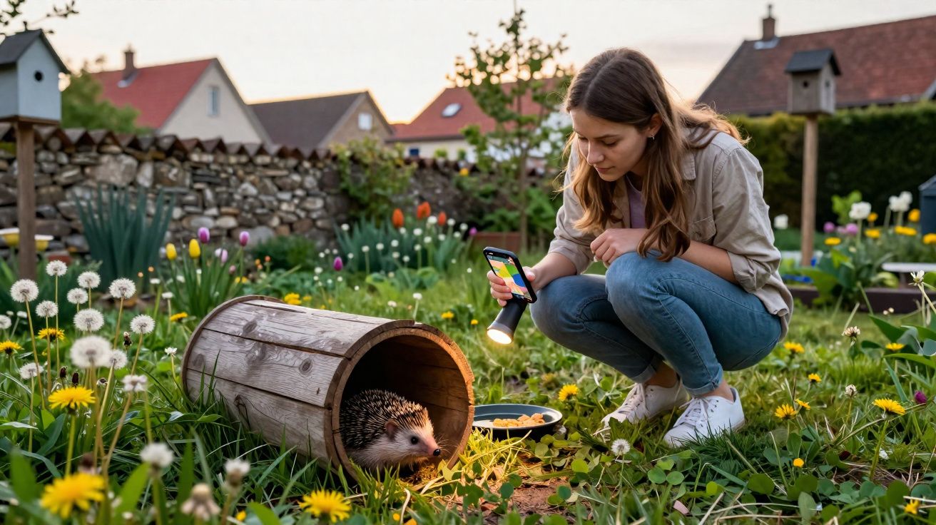 Mulher com lanterna observa um ouriço num jardim com flores ao entardecer.