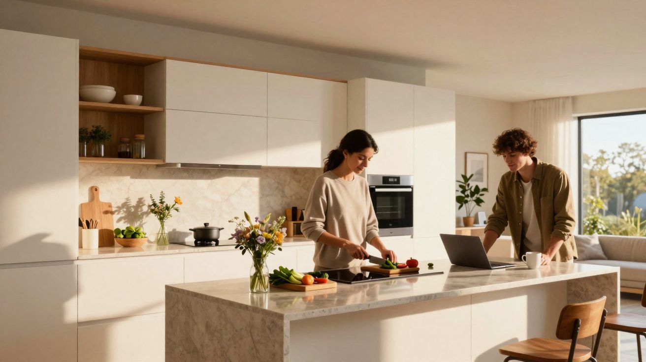 Casal jovem em cozinha moderna, mulher a cortar legumes e homem a usar portátil na bancada.