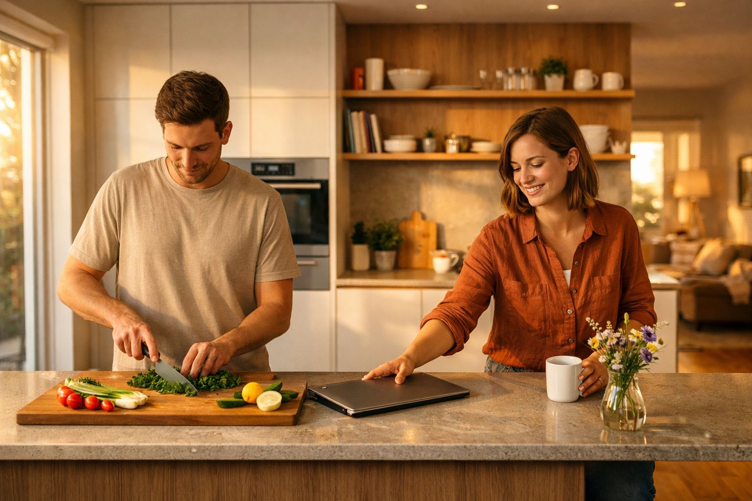 Homem corta ervas numa cozinha moderna enquanto mulher sorri, segurando uma caneca e tocando num portátil fechado.