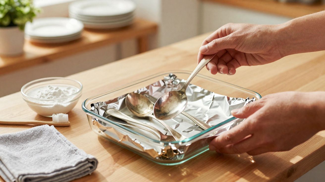 Mãos seguram colheres prateadas dentro de tabuleiro de vidro forrado com papel de alumínio numa mesa de madeira.