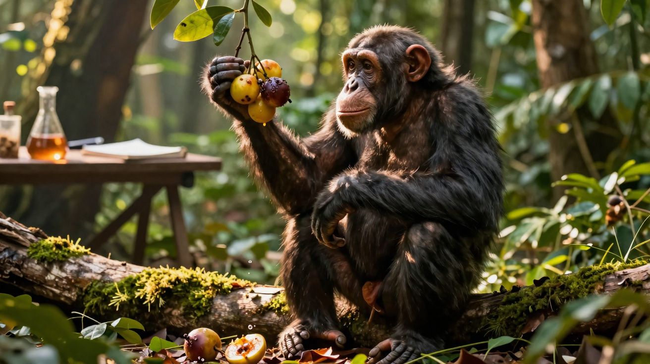 Chimpanzé sentado num tronco na floresta a segurar raminho com frutos amarelos maduros.