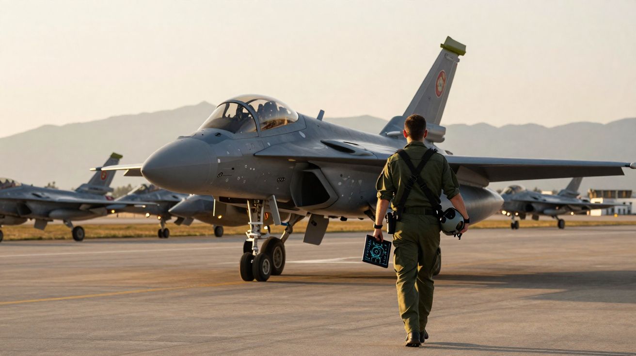 Piloto com fato verde caminha em direção a jato militar cinzento estacionado em pista de aeroporto.