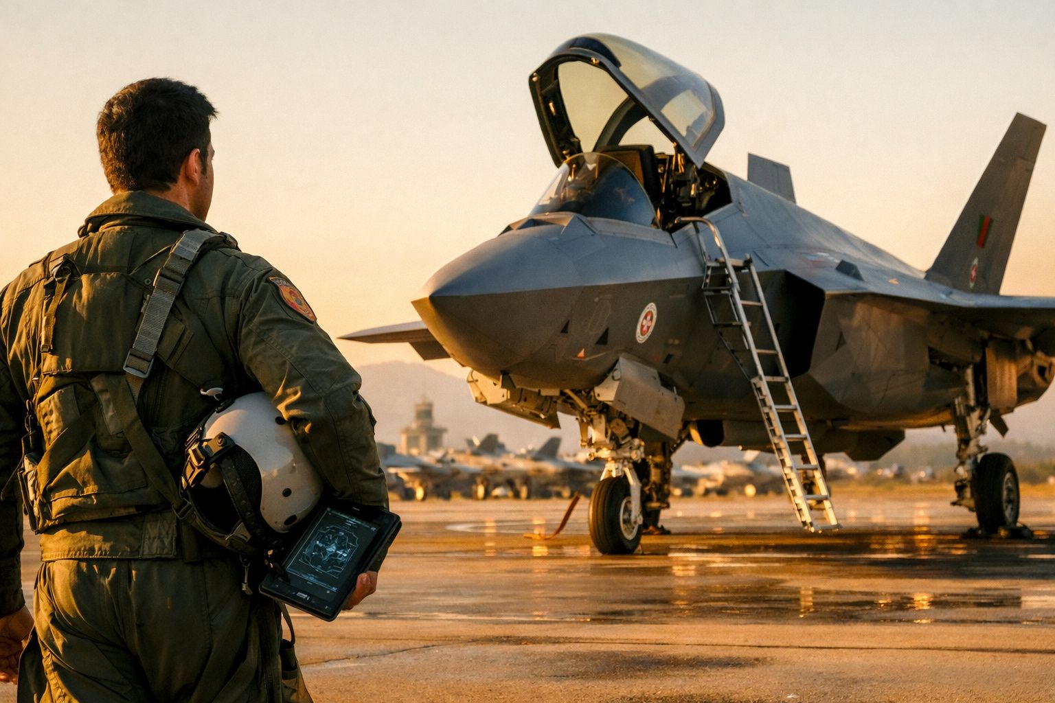 Piloto militar com capacete observa jato de combate estacionado numa pista ao pôr do sol.