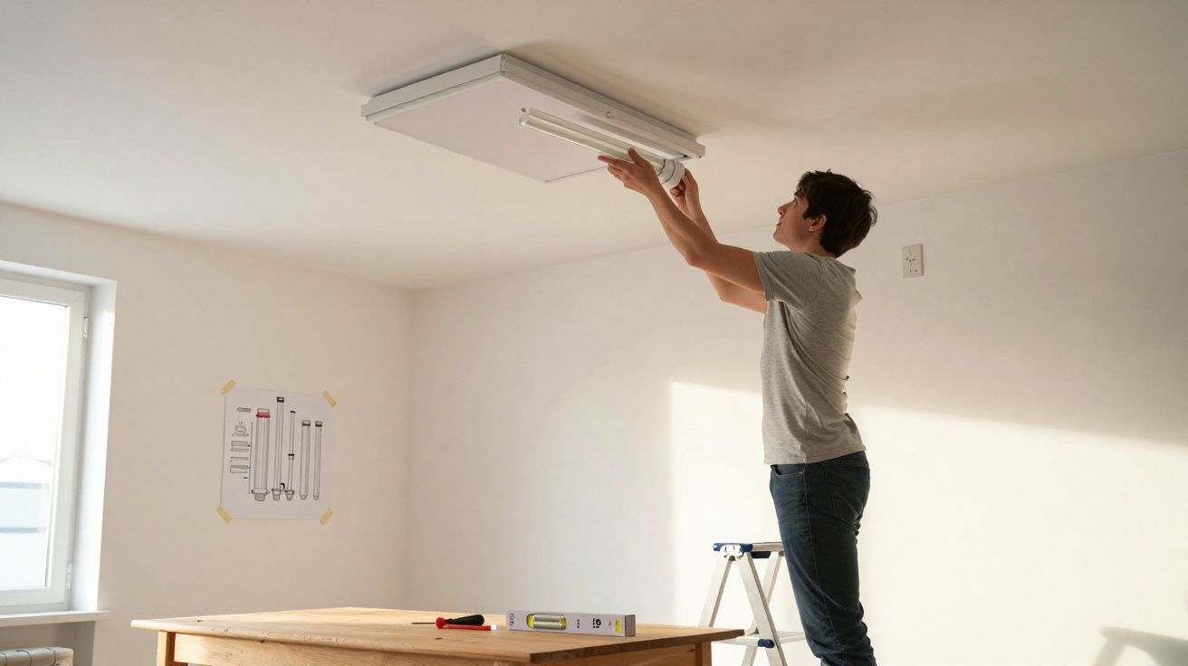 Jovem a trocar ou instalar uma lâmpada num candeeiro de teto numa sala com mesa de madeira.