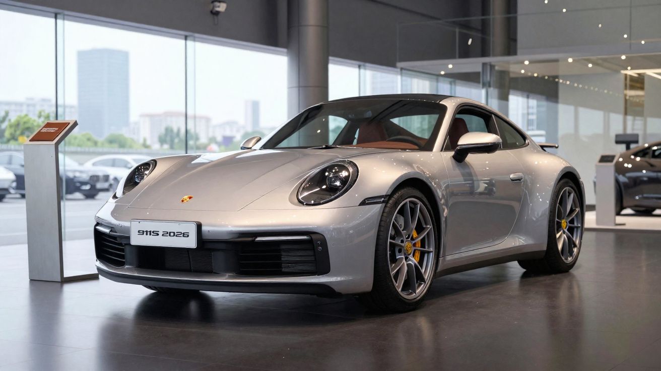 Carro desportivo Porsche 911S 2026 prateado em exposição numa sala moderna com grandes janelas.