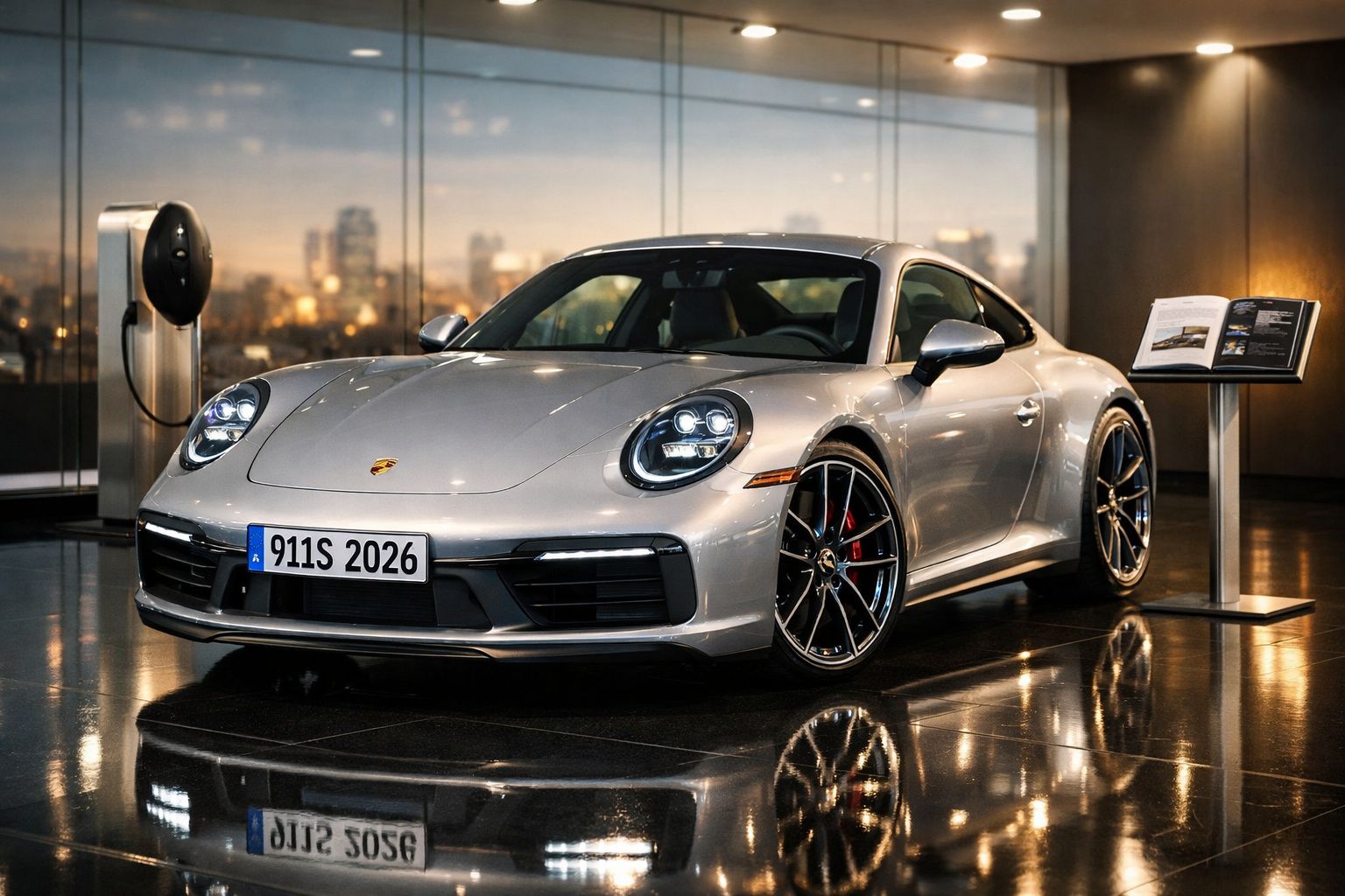 Carro desportivo Porsche 911 prata numa exposição interior com luzes refletidas no chão.