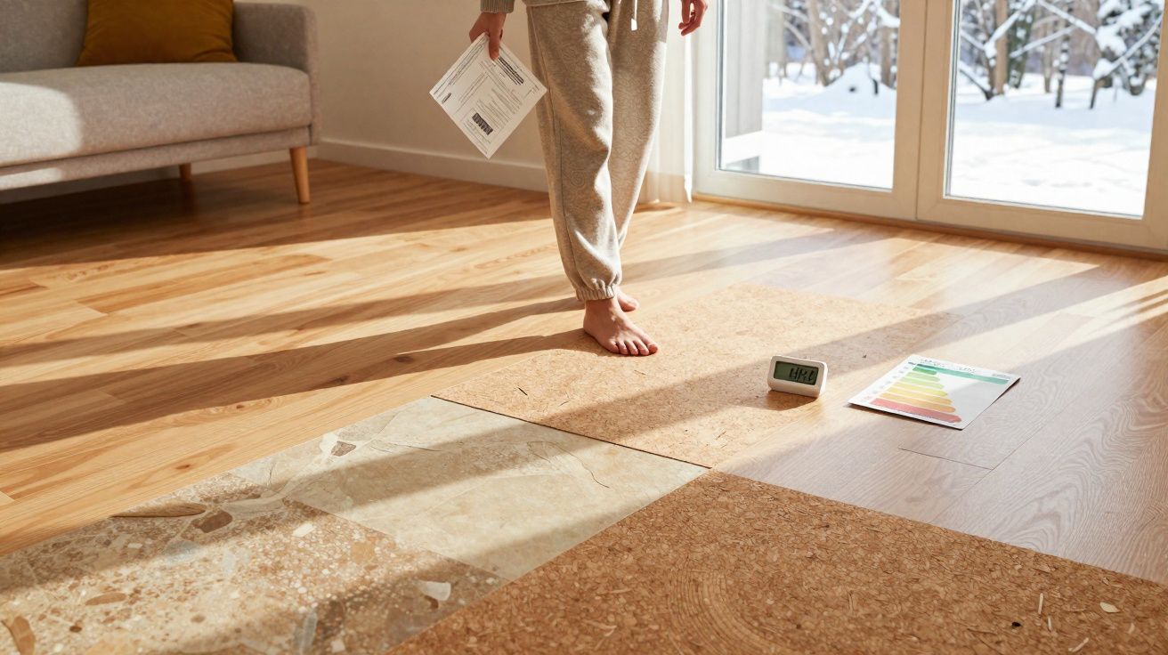 Pessoa com roupa confortável descalça numa sala iluminada com amostras de chão e termómetro digital.
