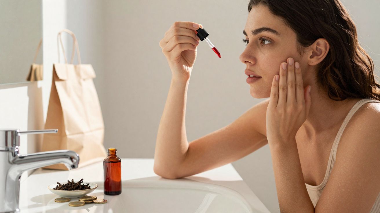 Mulher aplica sérum facial com conta-gotas à frente de lavatório, focada nos cuidados de pele.