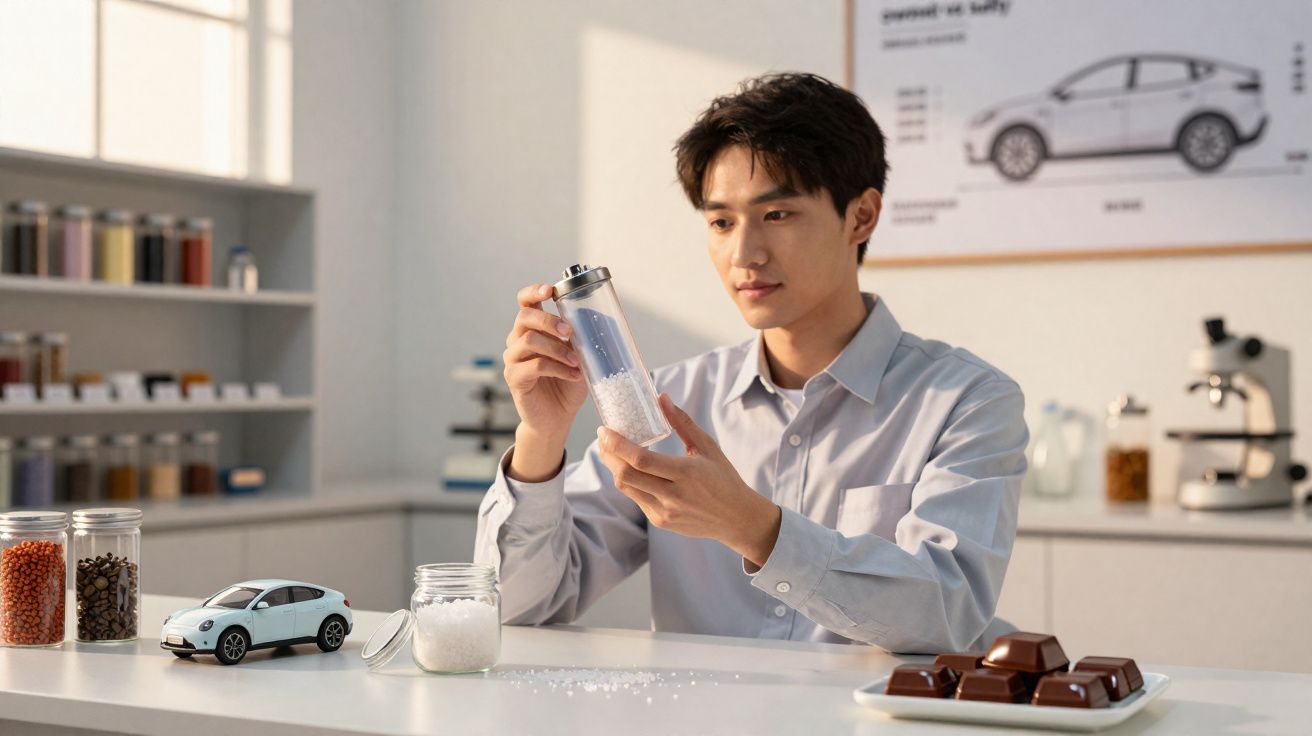 Homem examina material plástico transparente em laboratório com amostras e modelo de carro sobre a mesa.