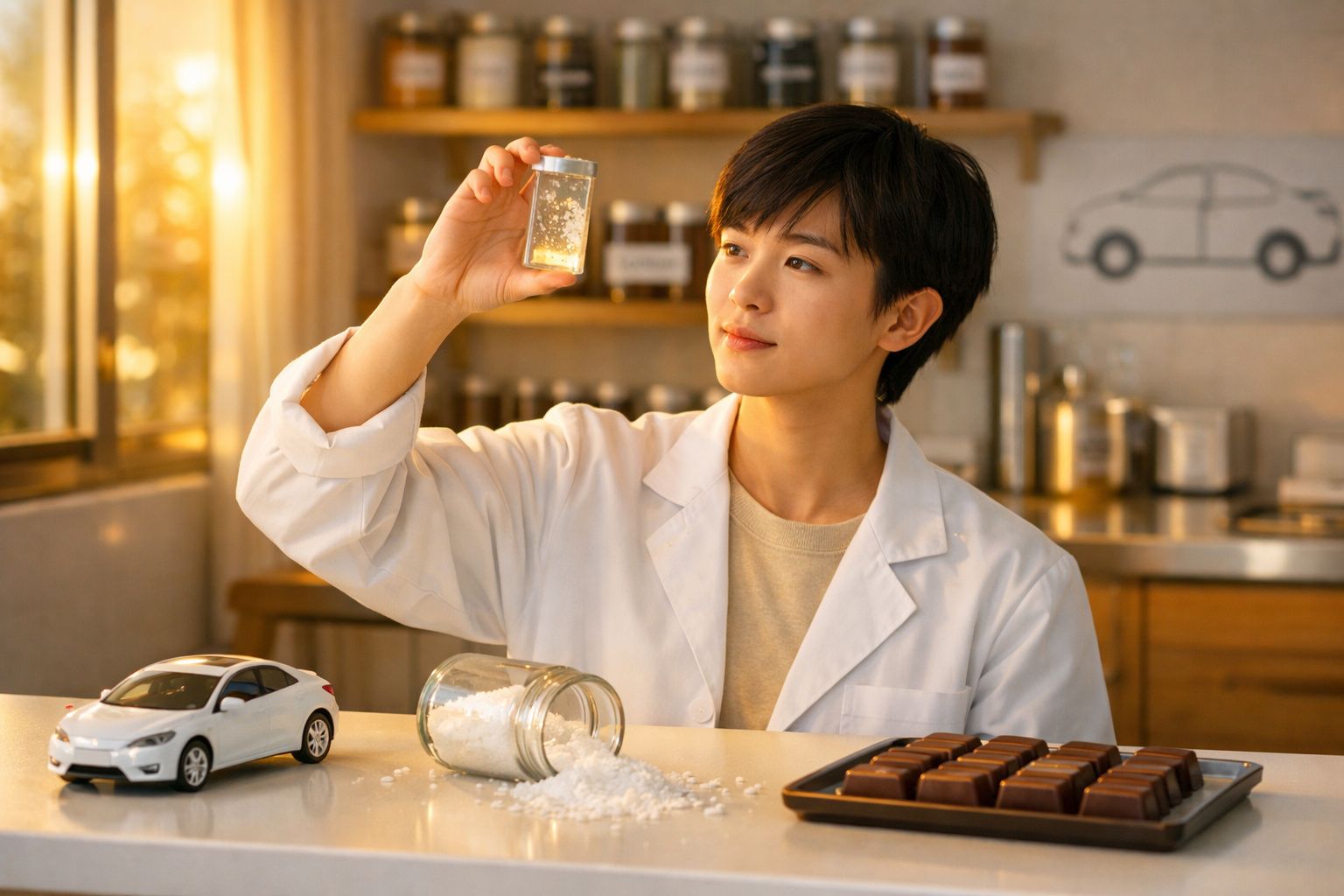 Pessoa em bata branca examina recipiente com cristais em laboratório, com chocolates e miniatura de carro na mesa.