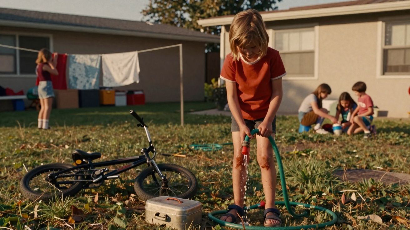Criança segurando mangueira num jardim, bicicleta caída e outras crianças a brincar ao fundo.