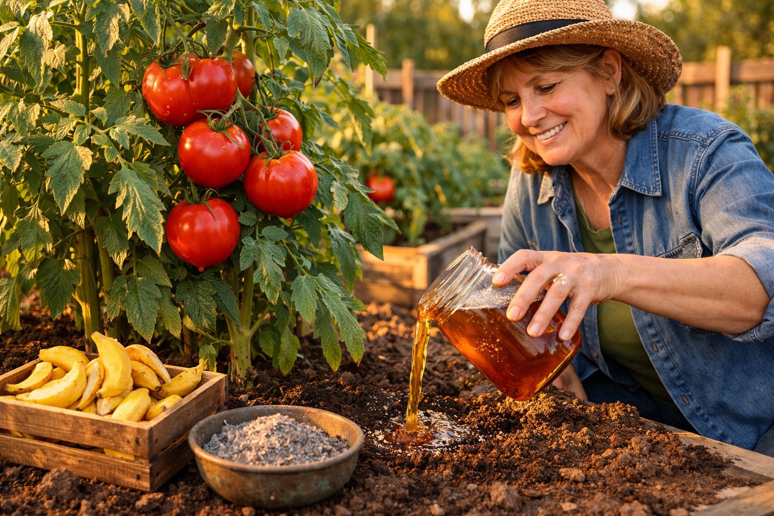 Mulher a regar plantas de tomate com líquido dourado num jardim, rodeada de abonos naturais.