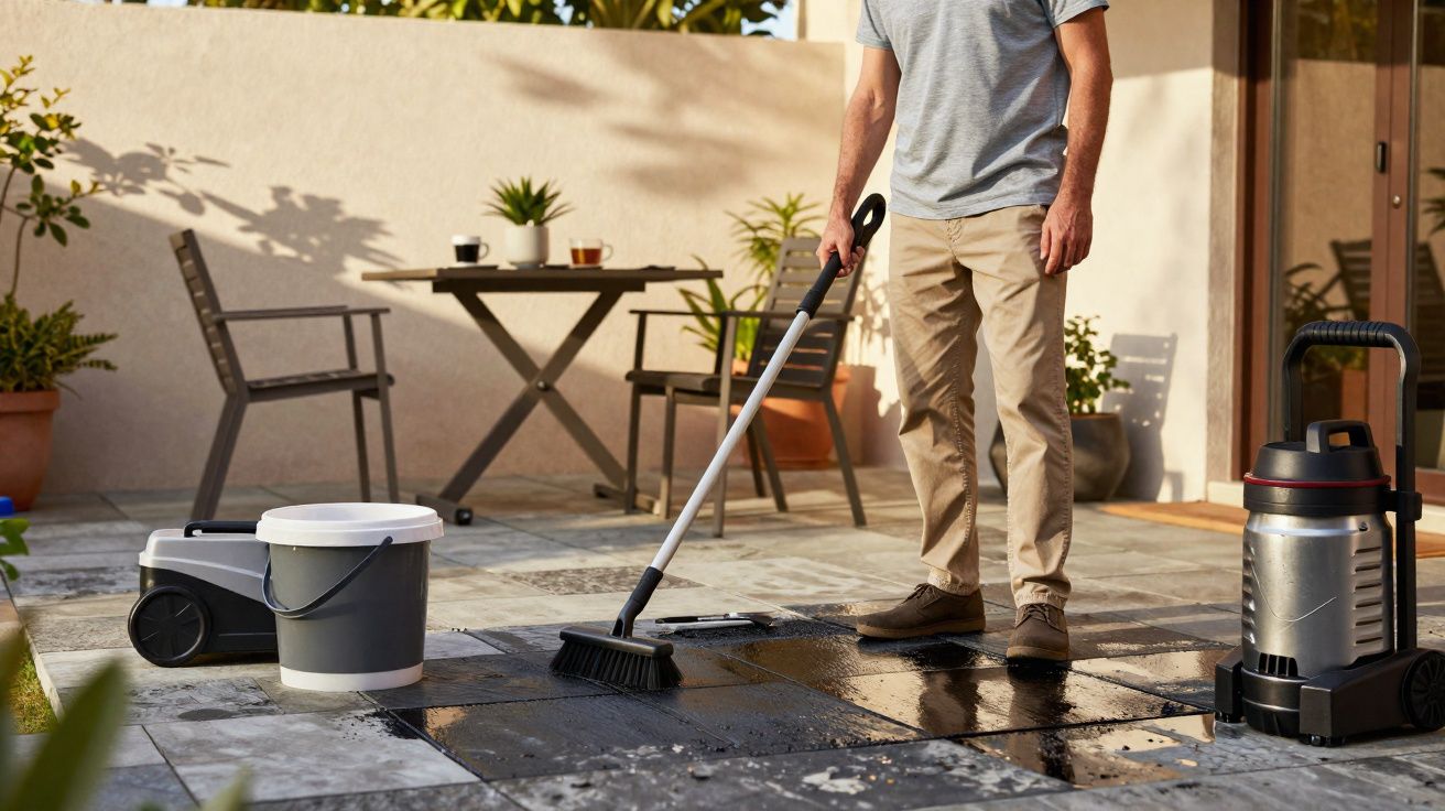 Homem a limpar o chão de uma varanda com uma escova, balde e aspirador à vista.