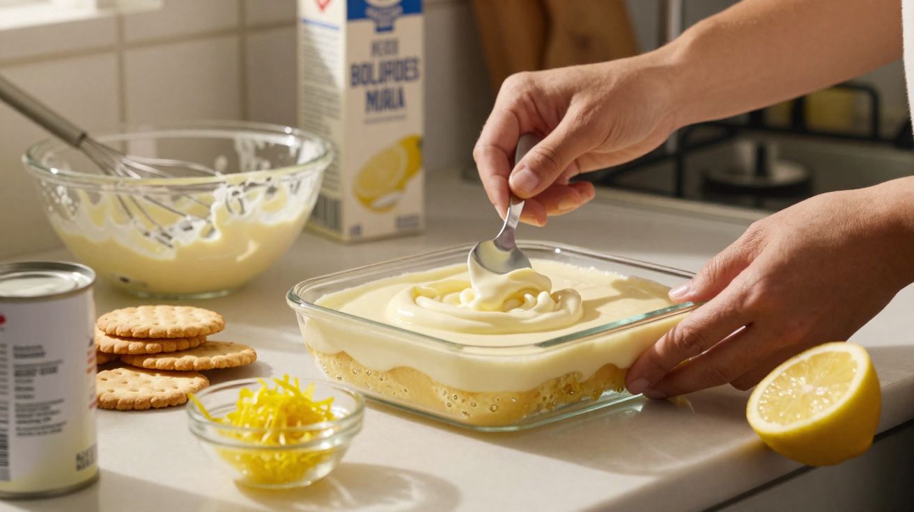 Pessoa a espalhar creme de limão sobre pavê de bolachas numa cozinha.