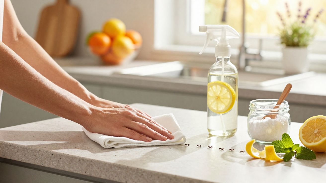 Pessoa a limpar uma bancada de cozinha com pano, spray de limão, bicarbonato e laranja cortada.