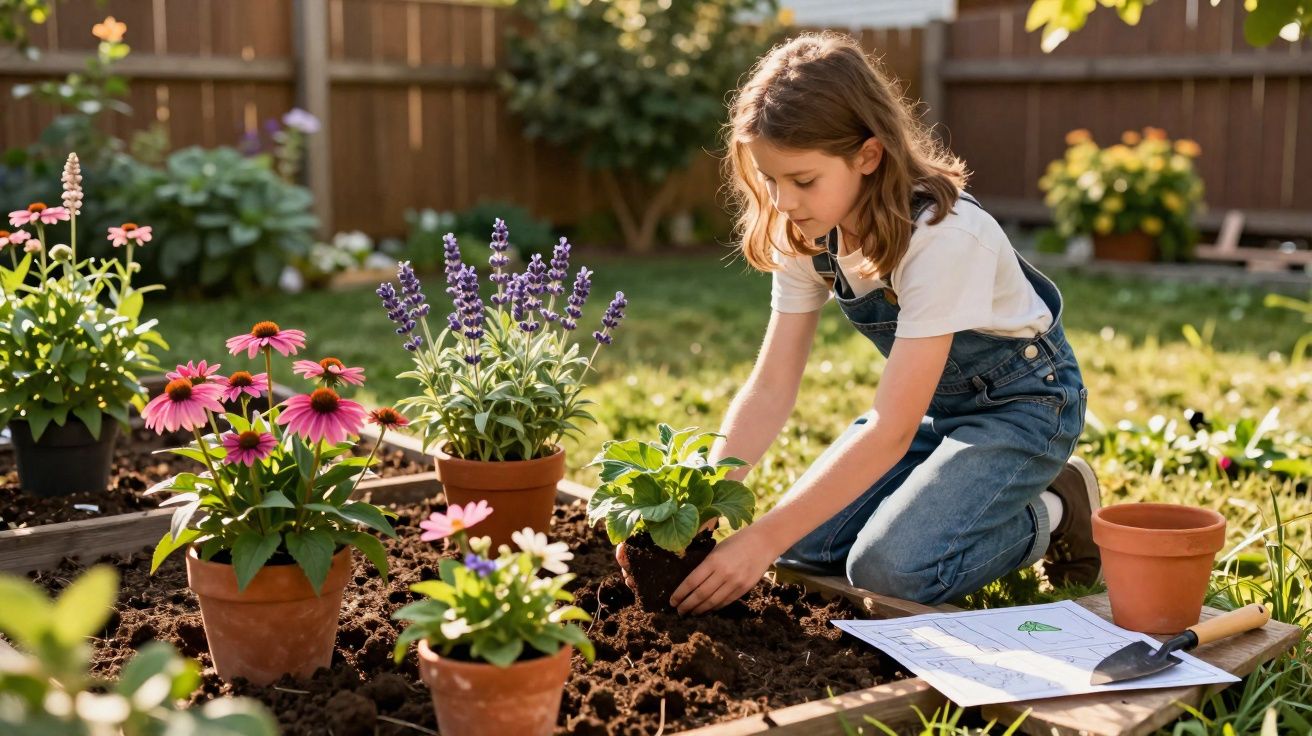 Menina a plantar flores num canteiro no jardim durante o dia com vasos de flores ao seu redor.