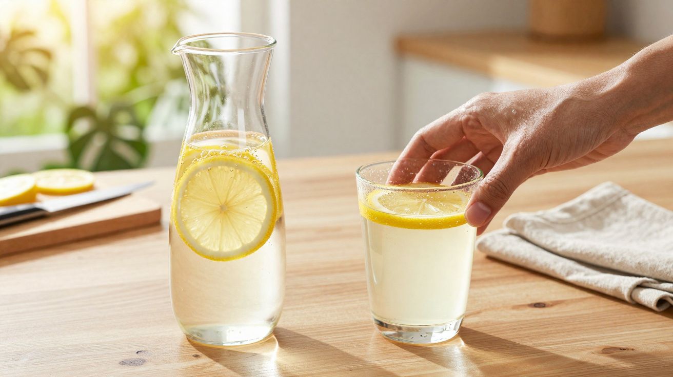 Mão a agarrar copo com água e rodela de limão, jarro com água e limão num tampo de madeira.