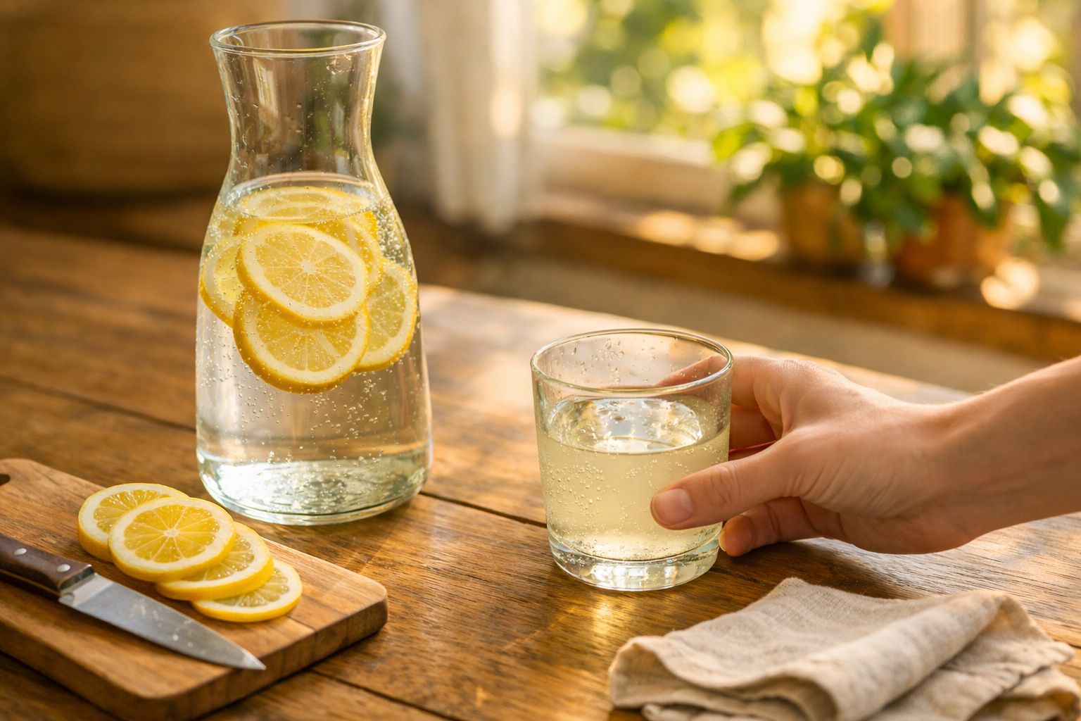Pessoa a segurar copo com água aromatizada com rodelas de limão numa mesa de madeira iluminada.