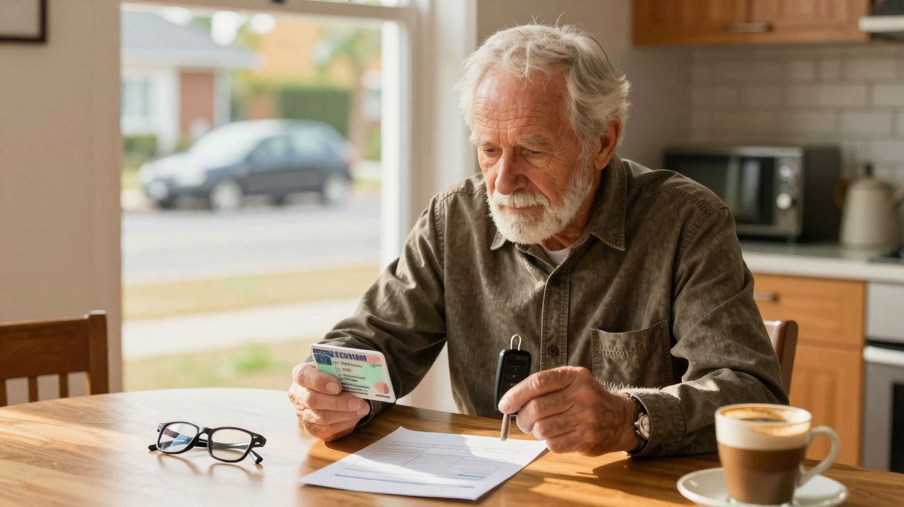 Homem idoso sentado à mesa a analisar documentos com carteira de identidade e café ao lado.