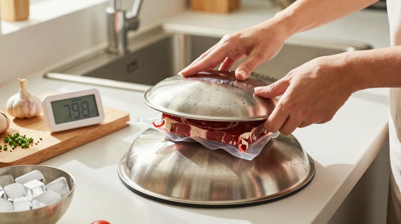 Mãos a prensar carne embalada em vácuo com tampa metálica numa bancada de cozinha moderna.