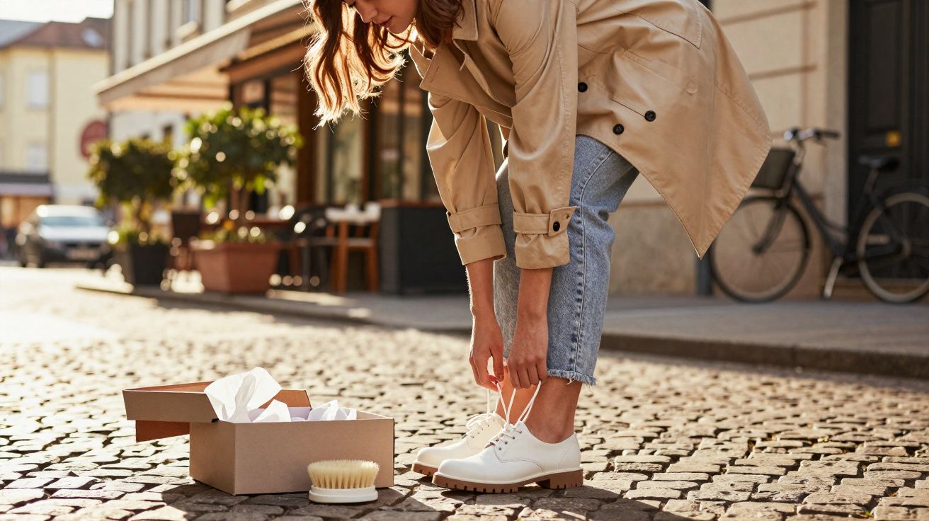 Mulher a calçar sapatos brancos novos numa rua de calçada, ao lado da caixa e escova.