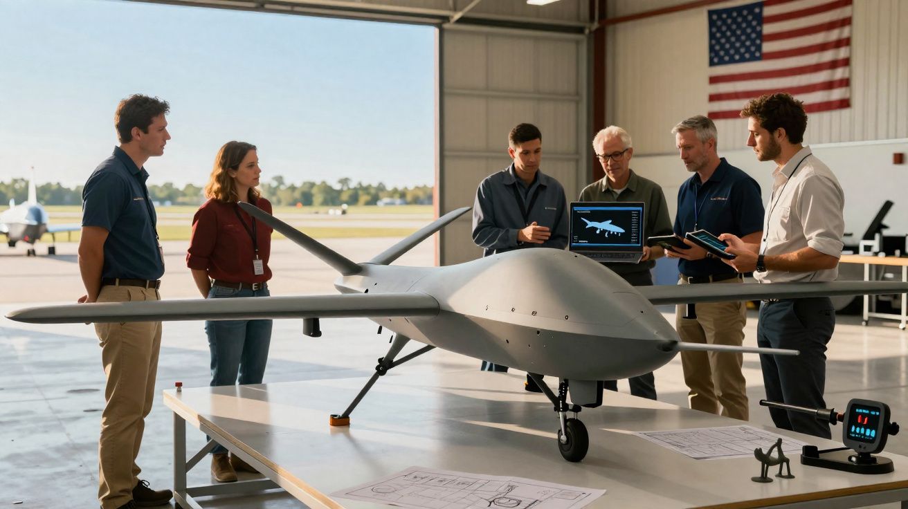 Grupo de engenheiros a discutir projeto de drone em hangar com bandeira dos EUA ao fundo.