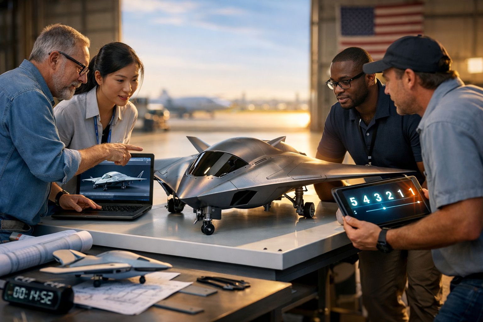 Quatro engenheiros analisam modelo de avião futurista numa mesa de trabalho numa oficina.