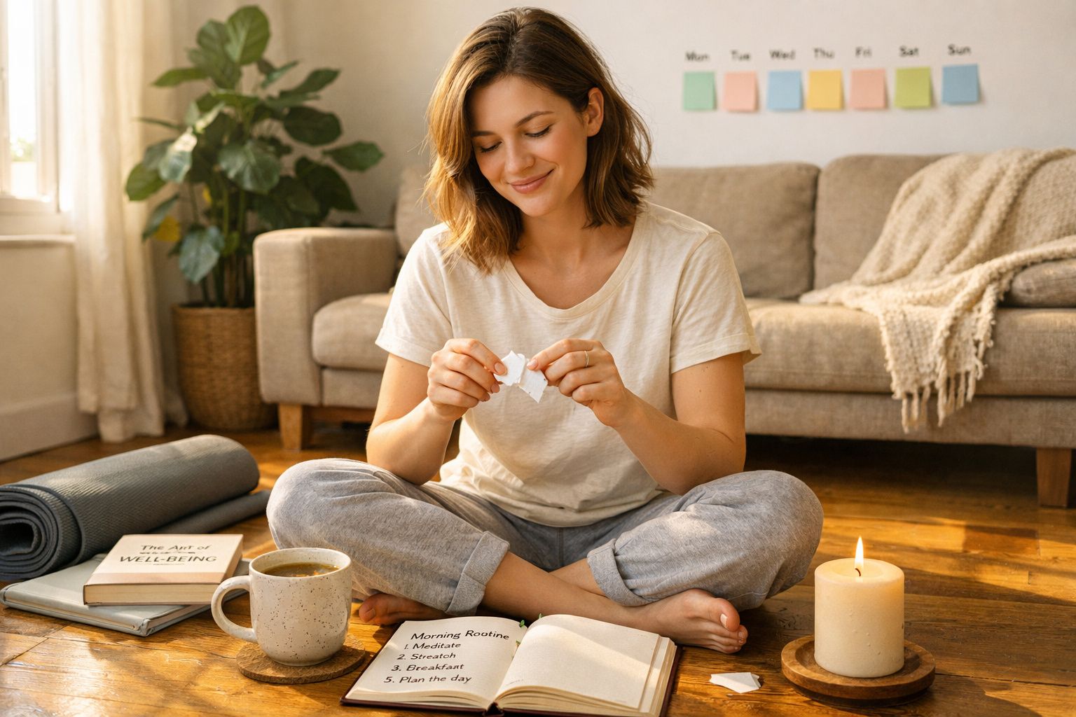Mulher sentada no chão a rasgar papel, rodeada por vela acesa, livro, caneca e tapete de yoga junto ao sofá.