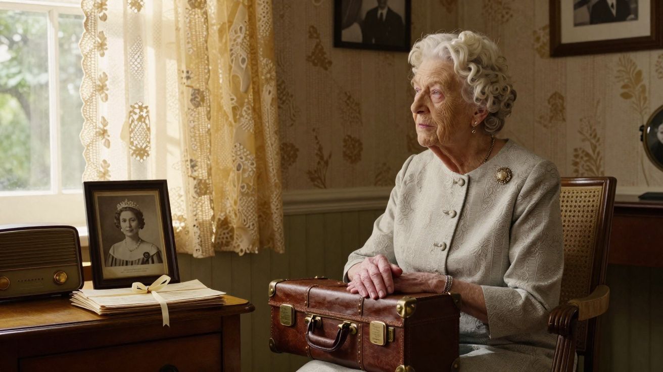 Idosa vestida formalmente sentada numa cadeira, segurando uma mala vintage e olhando pela janela numa sala antiga.