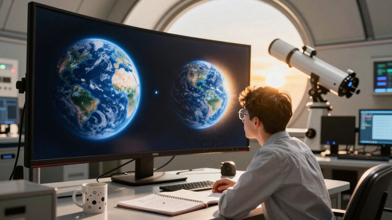Pessoa jovem a observar imagens da Terra em ecrã grande, com telescópio e ambiente de laboratório científico.