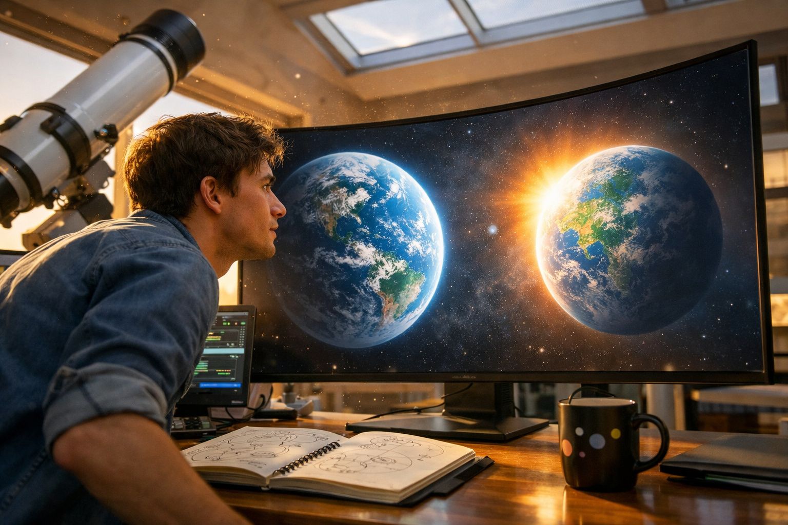 Homem observa imagens da Terra e do Sol num ecrã, com telescópio e caderno de anotações numa mesa.