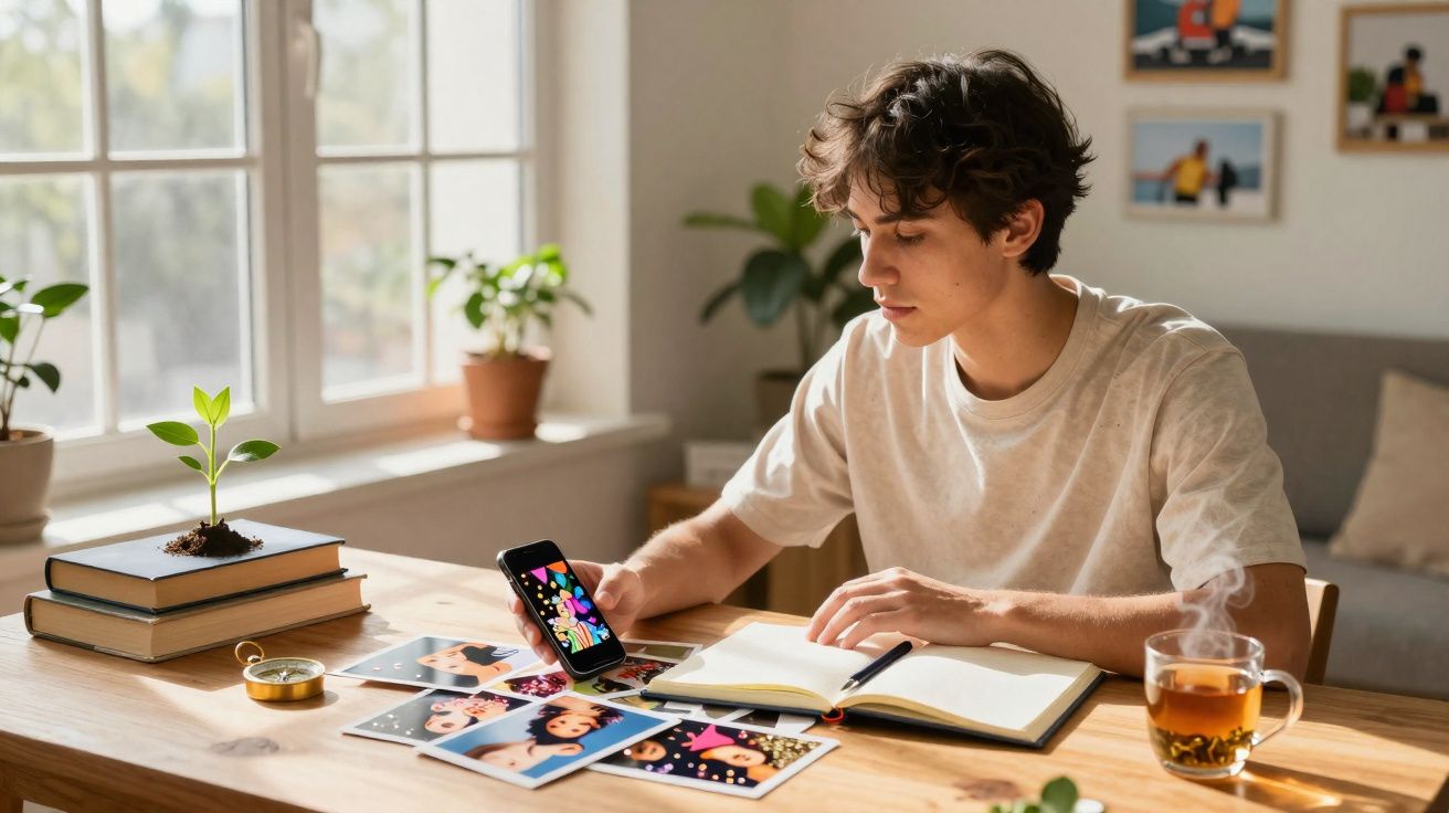 Jovem sentado a analisar fotos impressas e no telemóvel, com chá e caderno numa mesa iluminada pela janela.