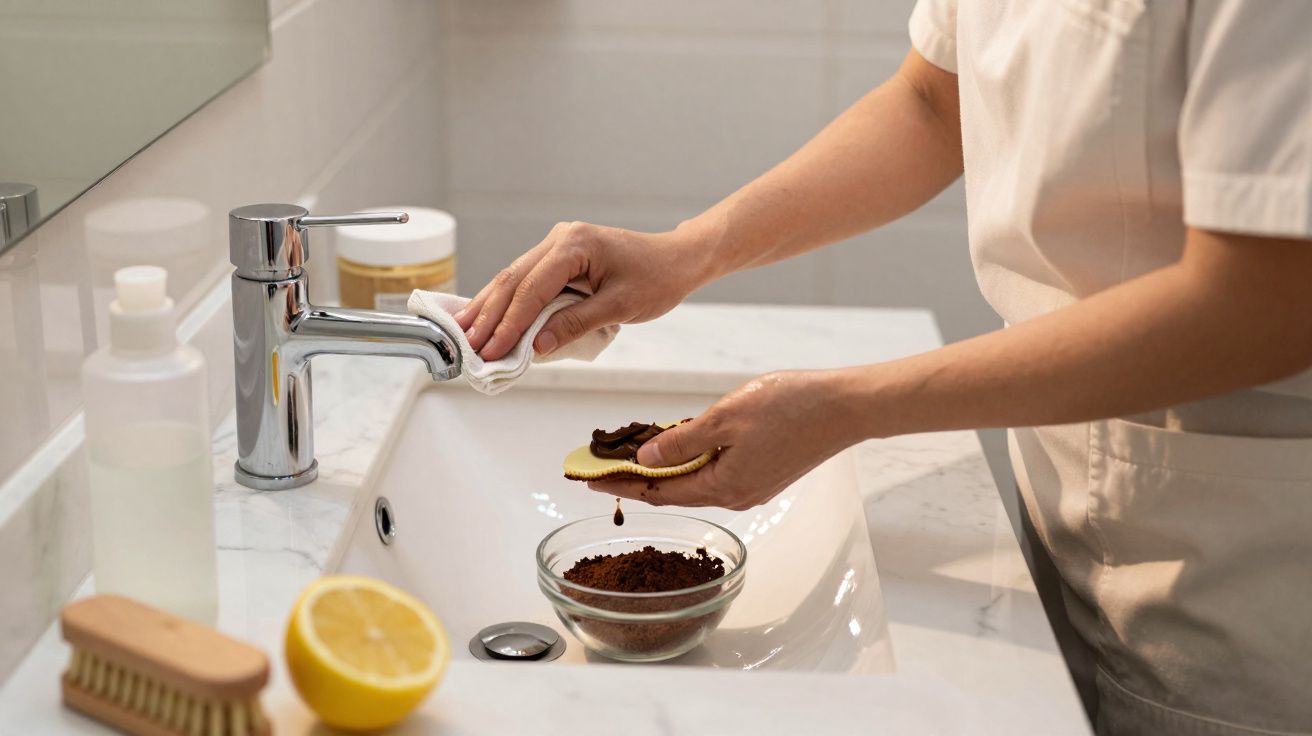 Pessoa a limpar torneira com pano e esponja com borra de café em cuba de casa de banho.
