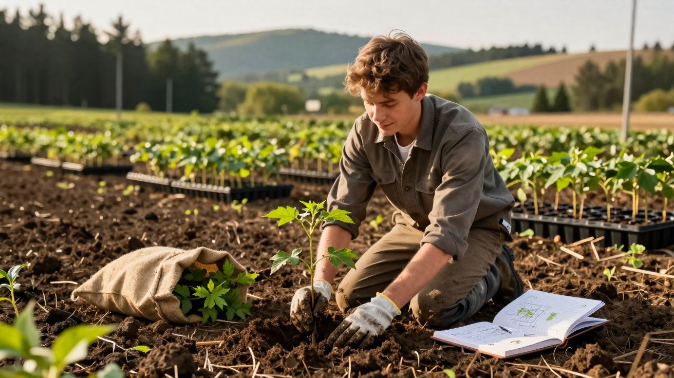 Jovem com luvas a plantar muda numa terra agrícola, com livro aberto e plantas ao fundo.