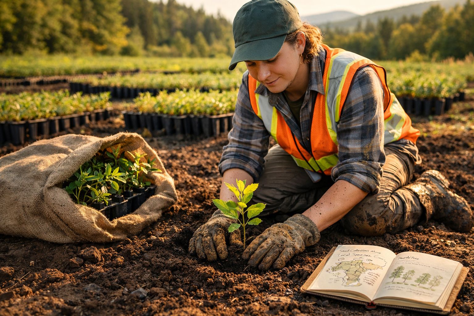 Pessoa com colete refletor planta uma muda numa estufa com sacos e livro aberto ao lado.