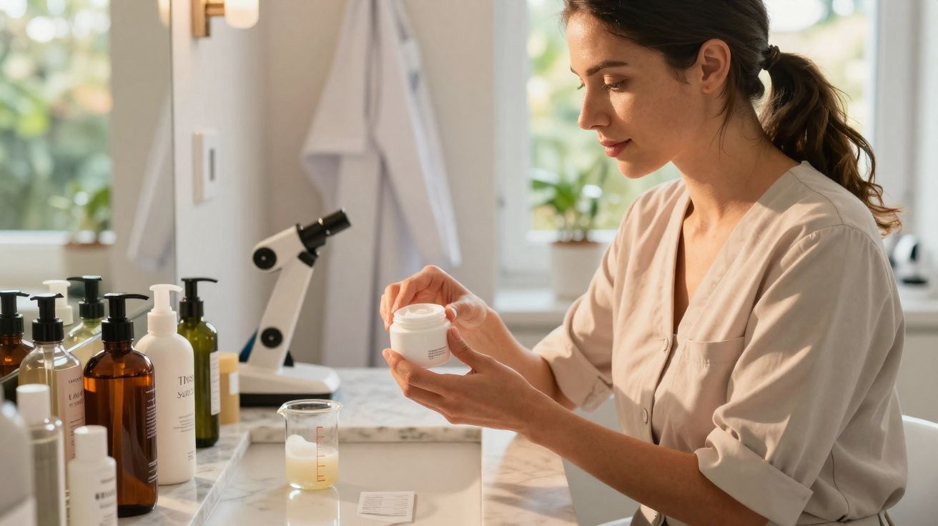 Mulher a analisar creme em frasco num laboratório com várias embalagens e um microscópio ao fundo.