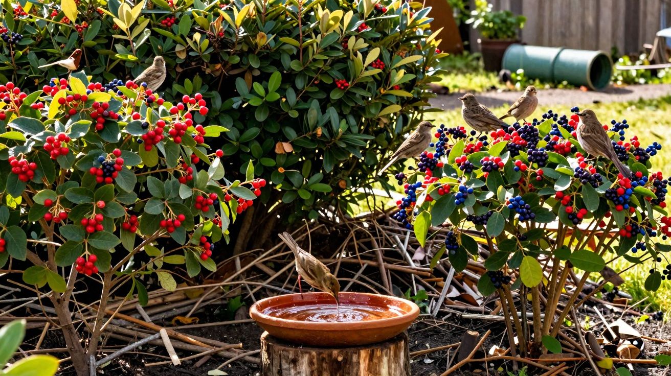 Pássaros pequenos a beber água num bebedouro rodeado por arbustos com bagas vermelhas e azuis.