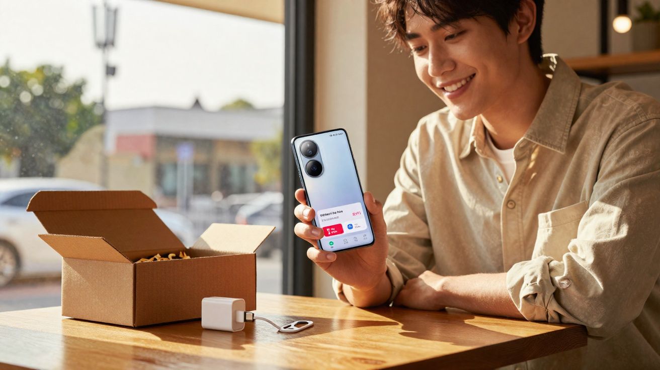Jovem sentado numa mesa mostra smartphone com ecrã ligado ao lado de caixa aberta e carregador.