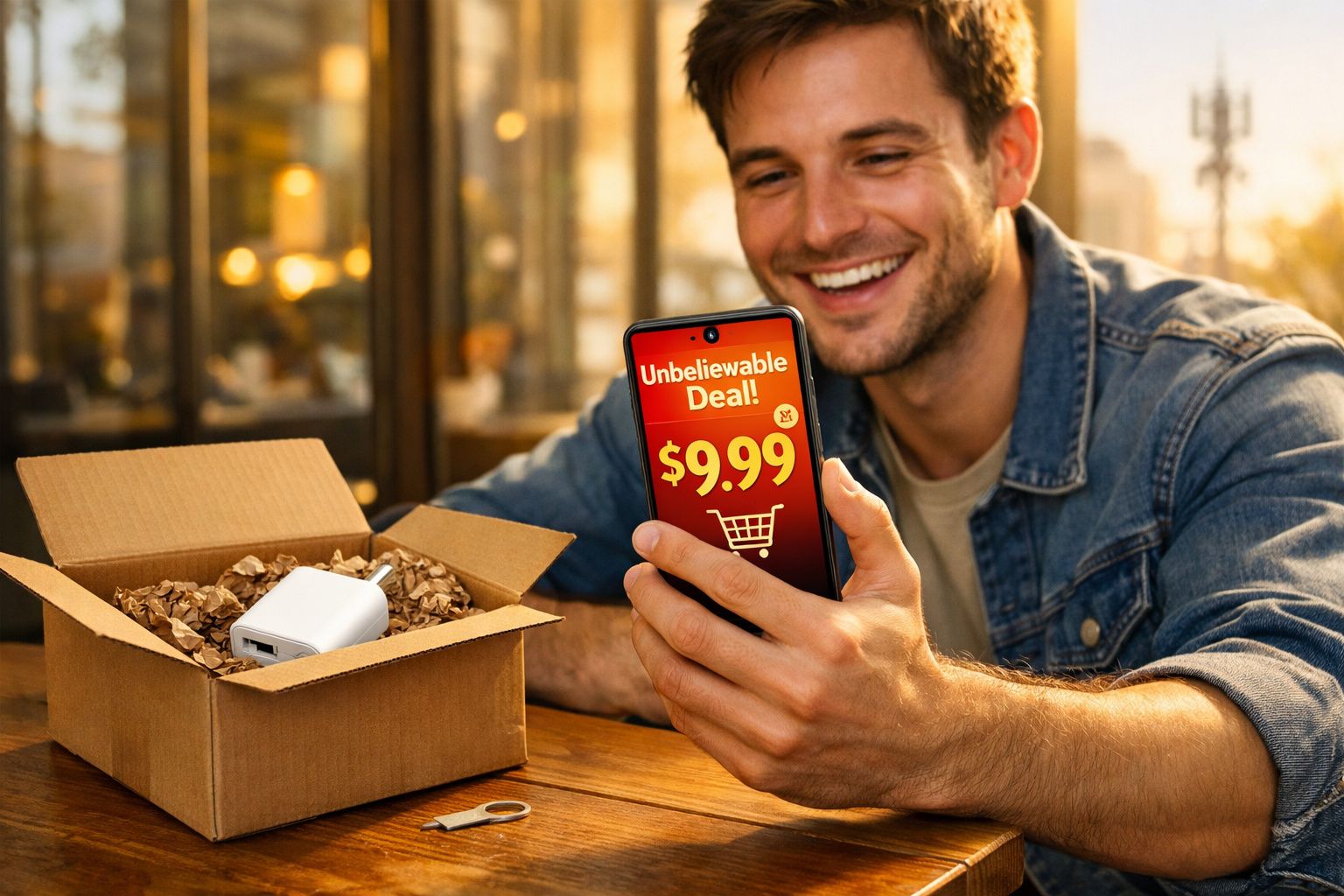 Homem sorridente a mostrar no telemóvel uma promoção de 9,99 dólares e uma caixa aberta com um carregador.