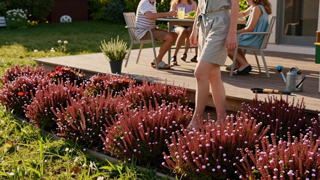 Pessoa a caminhar em canteiro florido com grupo sentado a mesa num deck de madeira ao fundo.