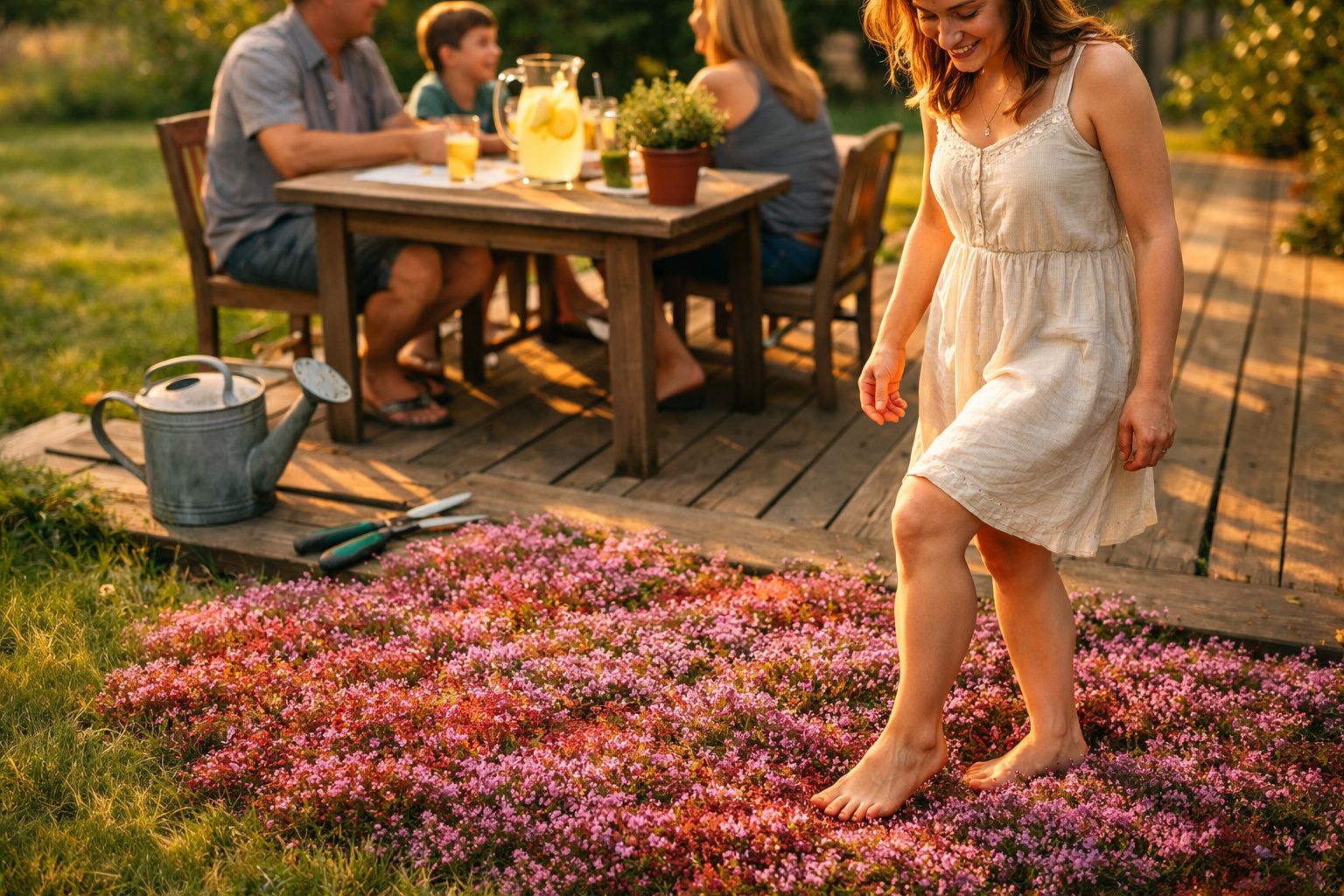 Mulher descalça a caminhar sobre flores cor-de-rosa junto a mesa de jardim com pessoas a beber limonada.