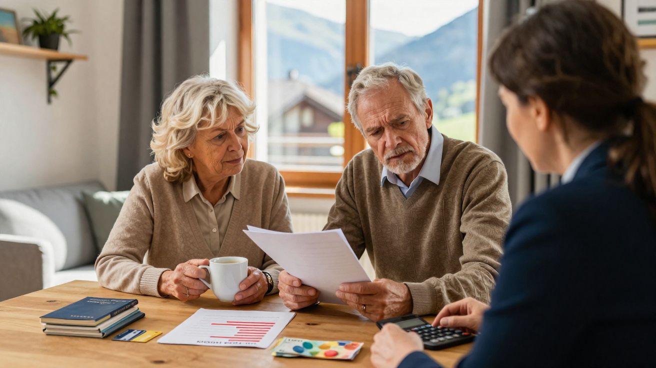 Casal sénior analisa documentos com consultora num ambiente acolhedor e luminoso em casa.