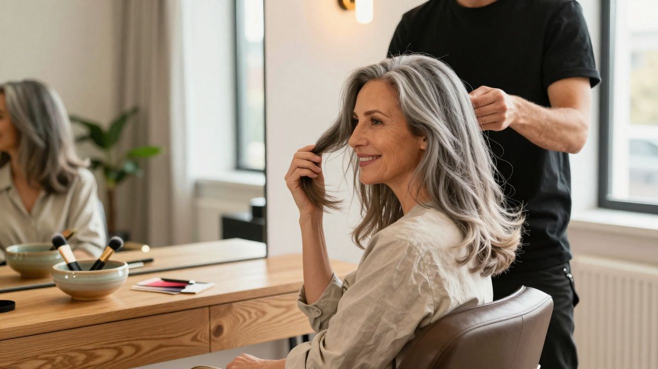 Mulher sorridente com cabelo cinzento a ser penteada num salão de beleza moderno.