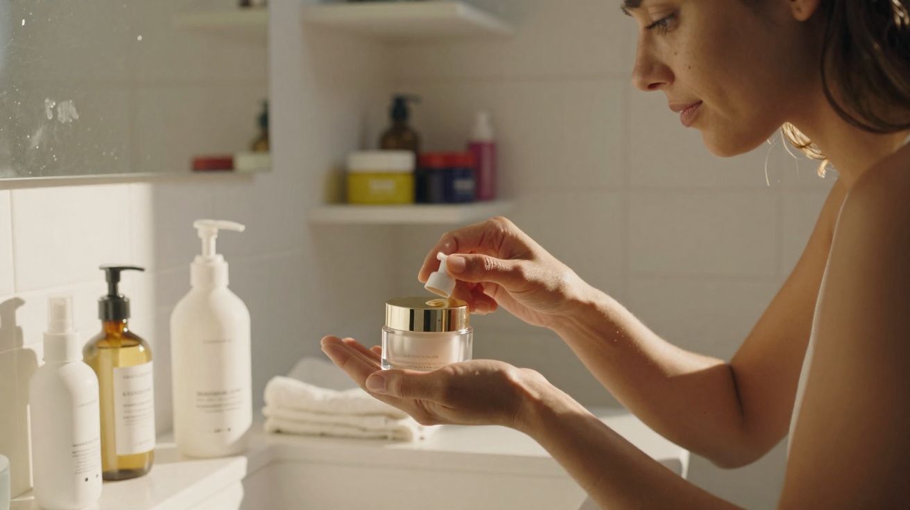 Mulher a aplicar creme facial numa mão num ambiente de casa-de-banho com produtos de cuidados pessoais.